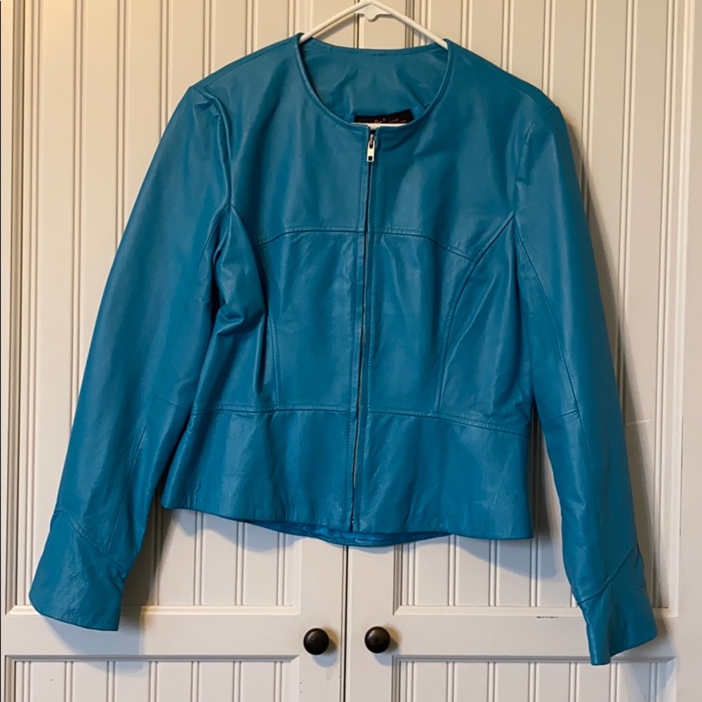 Leather aqua blue jacket.